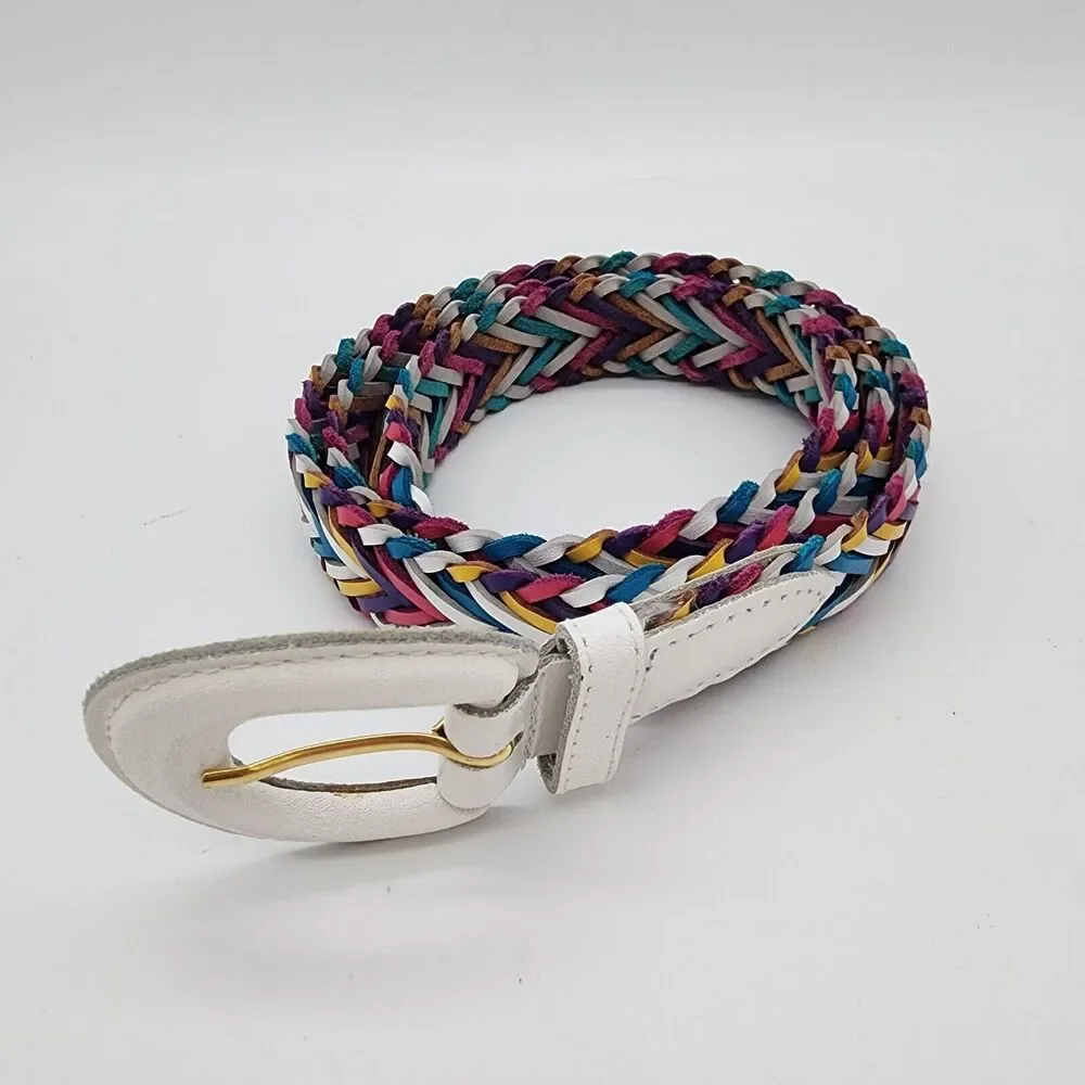 Womens Vintage Y2K Rainbow Braided Leather Belt Size L White Buckle Colorful 90s